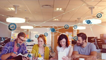 Poster - Animation of network of digital icons over diverse male and female colleagues discussing at office
