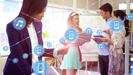 Poster - Animation of network of digital icons over african american businesswoman reading documents