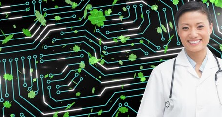 Poster - Animation of data processing and clovers over asian female doctor