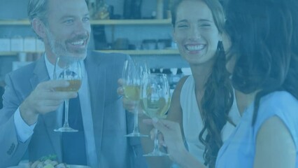 Poster - Animation of data processing over caucasian business people with wine