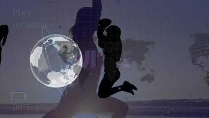Poster - Animation of rugby players and globe over caucasian woman meditating
