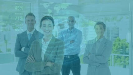Poster - Animation of data processing with globe over business people