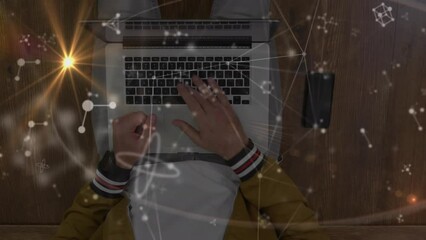 Poster - Animation of global connections with light over man using laptop