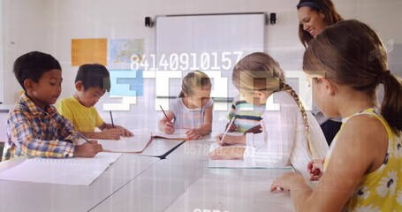 Poster - Animation of numbers and data processing over school children in classroom