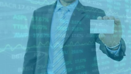 Poster - Animation of stock market data processing over mid section of businessman holding visiting card