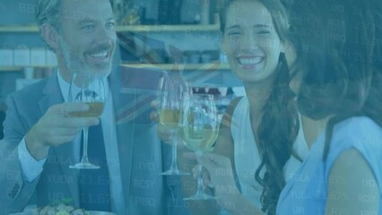 Poster - Animation of stock market data processing over diverse businesspeople toasting drinks at a bar