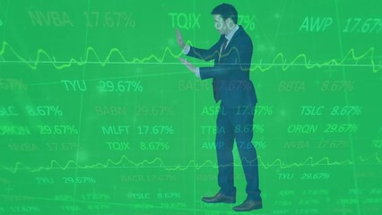 Sticker - Animation of stock market data processing over caucasian businessman with hands up walking