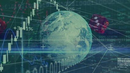 Poster - Animation of binary coding, financial data processing over globe and dice