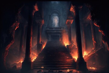 Wall Mural - The eternal fire, dark atmospheric landscape with stairs to ancient columns and font of fire. Generative AI