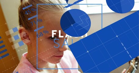 Poster - Animation of data processing and flash sale text over caucasian girl smiling
