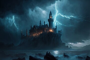 Great castle dark with strong rays and lightning. Generative AI