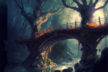 Wall Mural - Nature bridge in the fantasy forest. Generative AI
