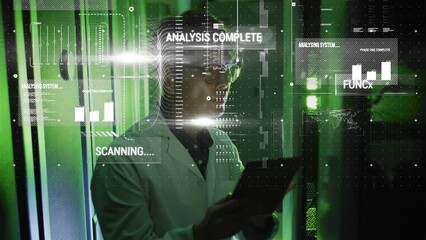 Canvas Print - Animation of hud interface over asian man using digital tablet in server room