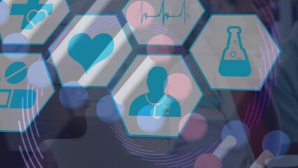 Poster - Animation of icons in hexagons, dna helix over multiracial researchers discussing in laboratory