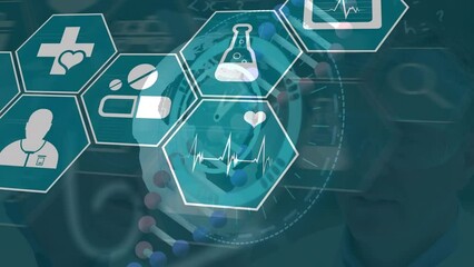 Poster - Animation of icons, digital clock, dna helix, sums, caucasian researchers discussing in laboratory