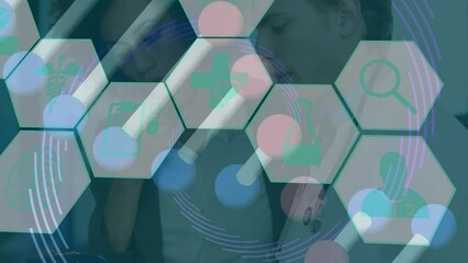 Poster - Animation of icons in hexagons, dna helix and circle pattern over diverse doctors discussing reports