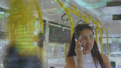 Poster - Animation of financial data processing over biracial woman using smartphone in bus