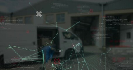 Poster - Animation of data processing and network of connections over delivery man unpacking car