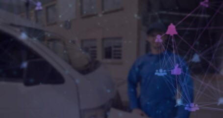 Poster - Animation of network of connections over caucasian male deliverer