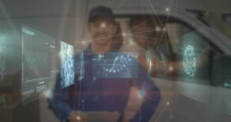 Poster - Animation of network of connections over caucasian male deliverer