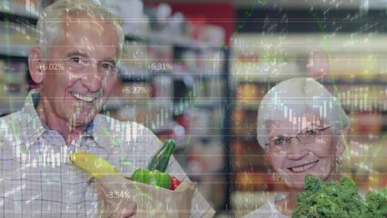 Poster - Animation of senior caucasian couple in shop over data processing