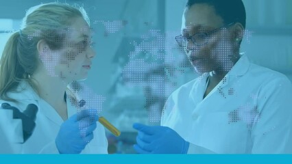 Poster - Animation of world map over diverse doctors in lab