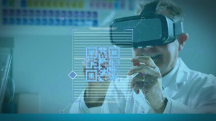 Poster - Animation of qr code with data processing over caucasian male scientist using vr headset in lab
