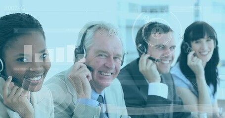Poster - Animation of data processing over diverse business people using phone headsets