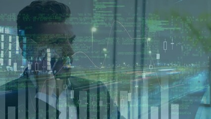 Poster - Animation of financial data processing over caucasian businessman and cityscape