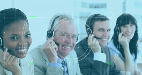 Poster - Animation of scope scanning over diverse business people using phone headsets