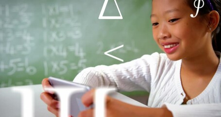 Poster - Animation of mathematical symbols over asian girl using smartphone