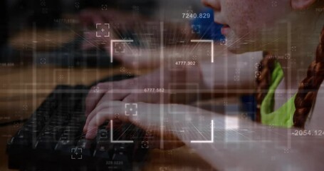 Poster - Animation of data processing over caucasian girl using computer