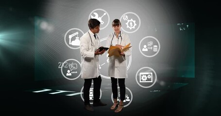 Poster - Animation of media icons over caucasian doctors talking