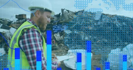 Poster - Animation of graph and map over caucasian worker holding clipboard and walking in dumping yard