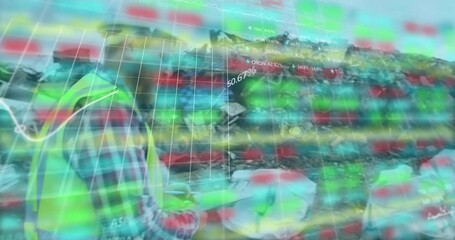 Poster - Animation of graphs, trading board over caucasian worker walking in dumping yard with clipboard