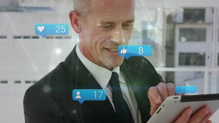 Poster - Animation of connected dots, notifications with numbers over caucasian man using digital tablet