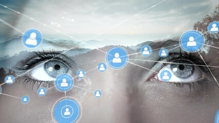 Poster - Animation of network of connections with icons over eyes of caucasian woman and landscape