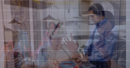 Sticker - Animation of multiple graphs over biracial man using laptop and coworkers using vr headsets