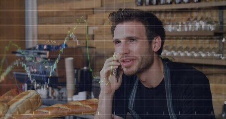 Poster - Animation of multiple graphs with numbers over caucasian male barista talking on cellphone at cafes
