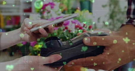 Poster - Animation of data processing over caucasian woman who is paying with her phone