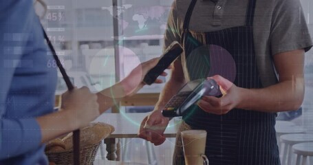 Poster - Animation of financial data processing over diverse people paying with smartphone