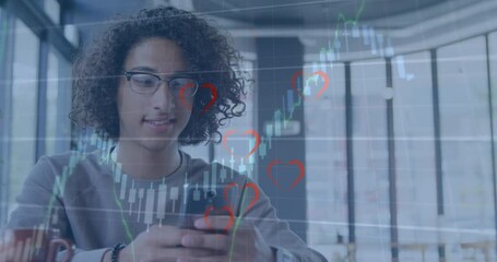 Poster - Animation of financial data processing and hearts over biracial man using smartphone