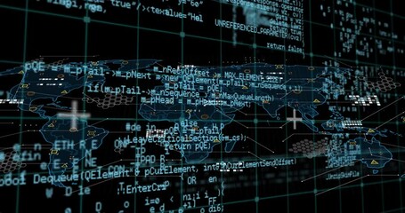 animation of programming language and scientific formulas over map against black background