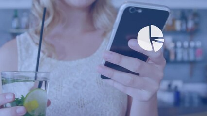 Sticker - Animation of pie chart, midsection of caucasian woman using cellphone and holding healthy drink