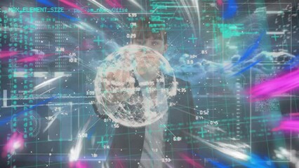 Poster - Animation of numbers around globe, programming language, caucasian woman using futuristic technology