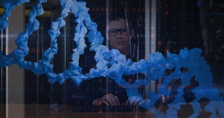 Poster - Animation of spinning dna strand over caucasian server room worker