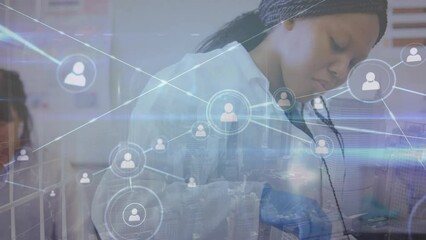 Poster - Animation of profile icons connected by lines over african american scientist working in laboratory