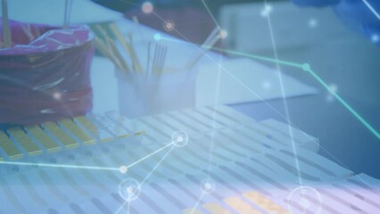 Poster - Animation of dots connected with lines over cropped hands of scientist checking blood sample at lab