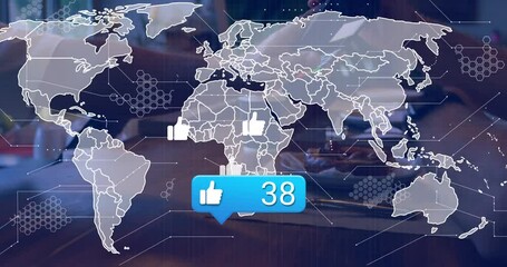 Aufkleber - Animation of social media reactions and world map over hand of people using wireless payments
