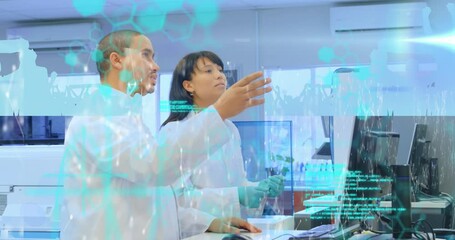 Poster - Animation of chemical formulas and data processing over diverse female and male scientists